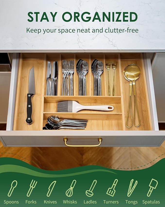 Premium Bamboo Expandable Drawer Organizer, 7-9 Slots Adjustable Kitchen Drawer Organizer for Large Cooking Utensils Cutlery, Kitchen Drawer Organization-Ruum Studio Home
