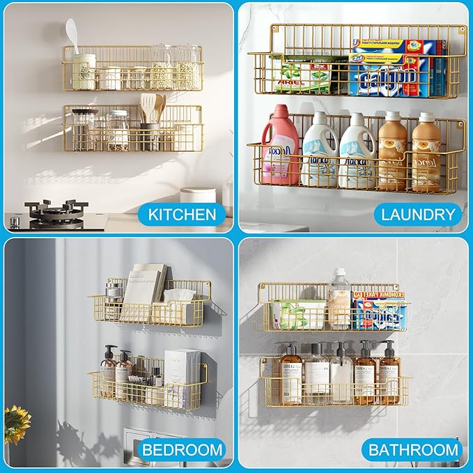 Spice Rack, 4-Pack Seasoning Organizer Wall Mounted for Kitchen Storage Organization, Metal Spice Holder Shelf for Cabinet, Pantry, Gold-Ruum Studio Home