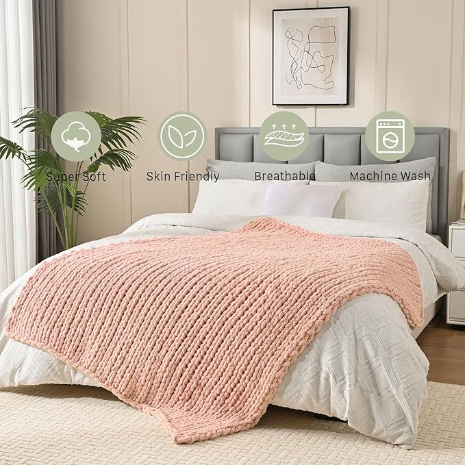 Esterra Chunky Knit Blanket Throw 40"x50", 100% Hand Knitted Chenille Throw Blanket, Cozy Soft Thick Cable Knit Throw Large Rope Knot Crochet Throw Blanket for Sofa Couch Bed, Dusty Pink-Ruum Studio Home