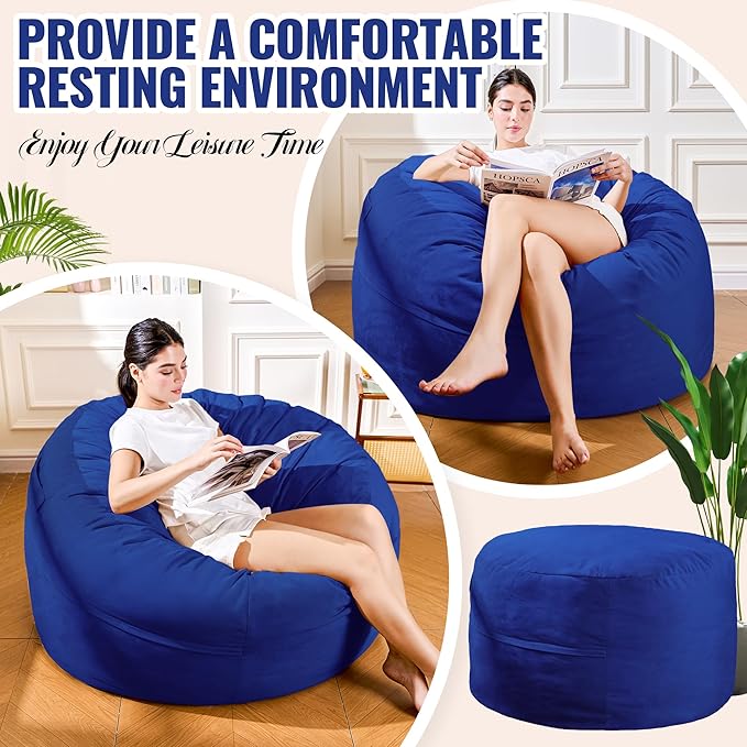 4FT Bean Bag Chair: Bean Bag with Velvet Cover, Fluffy and Comfy Bean Bag Chairs for Adults and Kids, Bean Bag Sofa Filled with High-Density Sponge for Gaming (Blue)-Ruum Studio Home