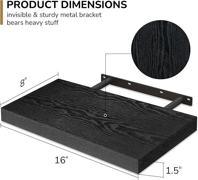 Fun Memories 16 Inch Floating Shelves - Deep Rustic Black Wooden Wall Shelves - Extra Deeper & Thicker Wall Mounted Storage Shelf for Bedroom, Kitchen, Farmhouse - 2 Pack, Rustic Black-Ruum Studio Home