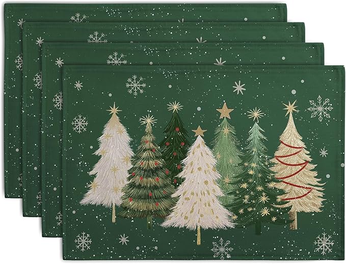 Green Christmas Tree Placemats Set of 4, 12x18 Inch Xmas Trees Snowflakes Winter Holiday Place Mats Seasonal Washable Linen Table Mats for Indoor Outdoor Kitchen Dining Party Décor-Ruum Studio Home