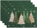 Green Christmas Tree Placemats Set of 4, 12x18 Inch Xmas Trees Snowflakes Winter Holiday Place Mats Seasonal Washable Linen Table Mats for Indoor Outdoor Kitchen Dining Party Décor-Ruum Studio Home