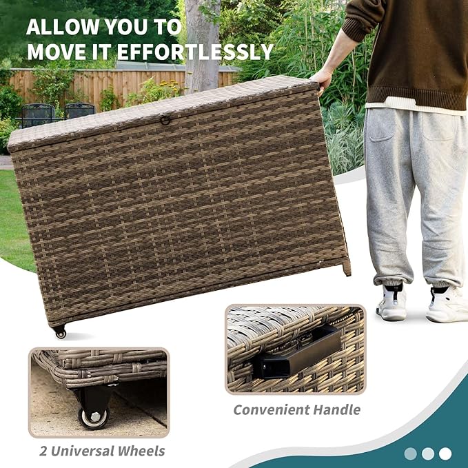 178 Gallon Outdoor Storage Box, Patio Deck Box with 2 Wheels, Handle Large Portable Wicker Rattan Deck Box for Patio Furniture Cushions, Throw Pillows, Garden Tools and Pool Floats (Gray)-Ruum Studio Home