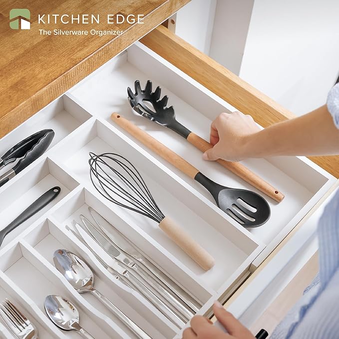 Premium Silverware, Flatware and Utensil Organizer for Kitchen Drawers, Food-Safe Contract Grade, Expandable from 16 to 28 In, White Bamboo-Ruum Studio Home