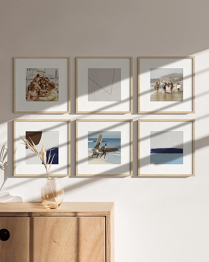 HAUS AND HUES Solid Oak Wood 12”x12” Picture Frames Matted to 8”x8” Set of 6 - Photo Gallery Wall Frames 12x12, Wood Picture Frames with Mat, 12x12 Gallery Wall Set (Beige Oak Frames)-Ruum Studio Home