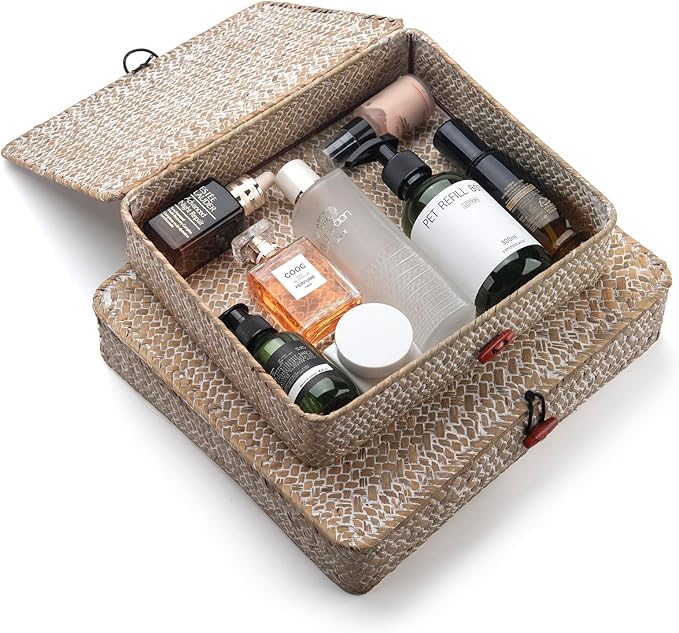 Whitewash Seagrass Basket with Lid Rectangular Decorative Storage Boxes for Shelf Organize Snack Toys Set of 2 (Large+Small)-Ruum Studio Home