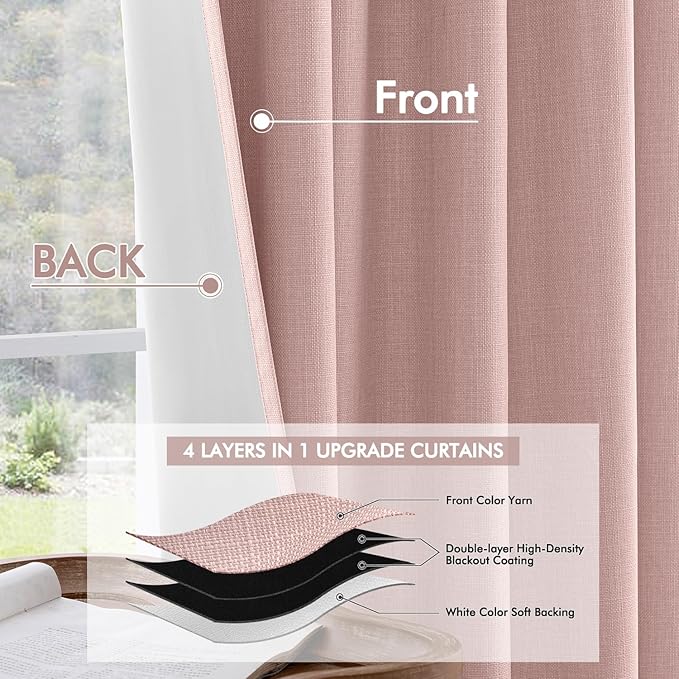 MIULEE 100% Blackout Curtains 120 Inch Long 2 Panels for Bedroom, Thick Luxury Faux Linen Black Out Curtain Room Darkening Back Tab Pleat Window Textured Drapes with Hooks for Living Room, Baby Pink-Ruum Studio Home