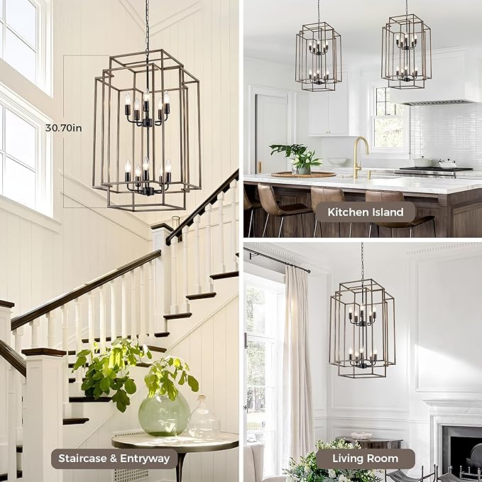 30" Black Farmhouse Chandelier, 10-Light Foyer Lighting Fixtures, Lantern Tiered Pendant Light Fixtures, Metal Wood Grain Finish Rustic High Ceiling Chandelier for Dining Room Entryway Staircase-Ruum Studio Home