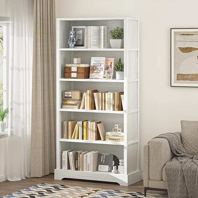TVU 5-Shelf Wood Bookcase, 65 Inch Tall Bookshelf with Storage, Floor Standing Display Book Shelf，for Living Room Bedroom Study Office，Antique White-Ruum Studio Home