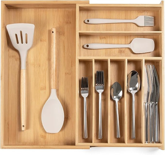 Premium Silverware, Flatware and Utensil Organizer for Kitchen Drawers, Food-Safe Contract Grade, Expandable from 10.5 to 19 In, Natural Bamboo-Ruum Studio Home