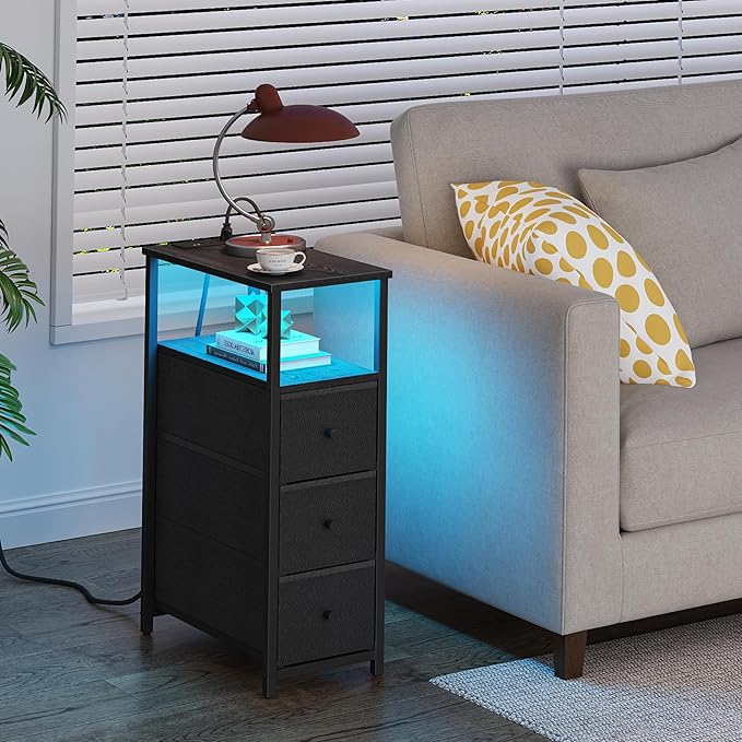 TUTOTAK Narrow LED Night Stand with Charging Station, Slim End Table with Plugins, Tall Side Table with 3 Fabric Drawer, Small Bedside Table with Storage, for Living Room, Black TB01BK086L-Ruum Studio Home