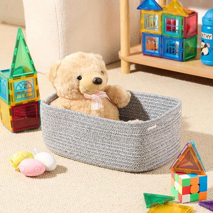 Small Storage Baskets for Organizing | Closet Organizer Bins | Shelf Toy Basket | Woven Rope Baskets | Cube Decorative Box | Shallow Basket | 13x8.5x5.1” | 4 Packs Mixed Grey-Ruum Studio Home