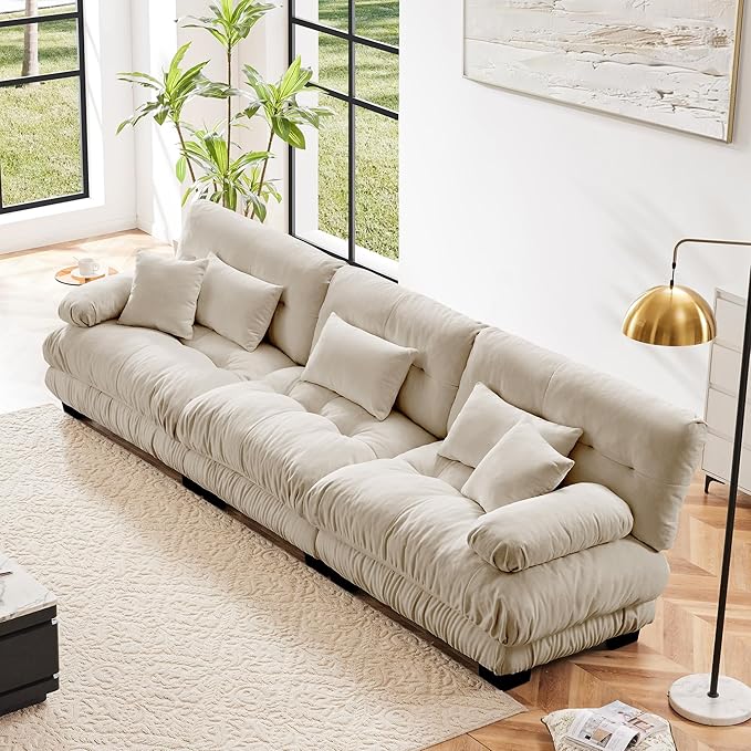 Modular Sectional Sofa Cloud Couch 3-Seater Deep Seat Sofa Couch, Oversized Couch Bed Sectional Couch with Round Bolster Armrests 5 Pillows, Modern Sofa Chair Comfy Couch-Ruum Studio Home