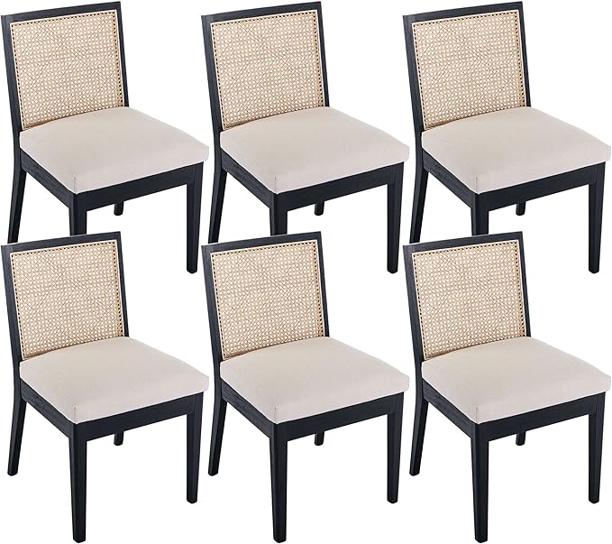 VESCASA Upholstered Dining Chairs with Square Rattan Back, Armless Padded Linen Cushion Dining Chairs with Wood Legs for Dining Room, Kitchen, Set of 6, Black Frame-Ruum Studio Home