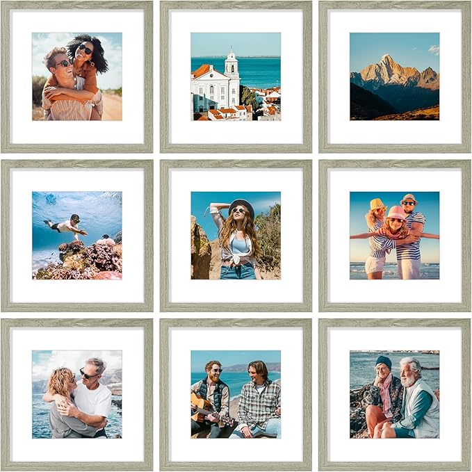 Vittanly 12x12 Picture Frames Set of 9, Shatter Resistant Plexiglass, Display 8x8 Pictures with Mat or 12x12 without Mat, Photo Frames for Wall Mount, Engineered Wood, Driftwood-Ruum Studio Home