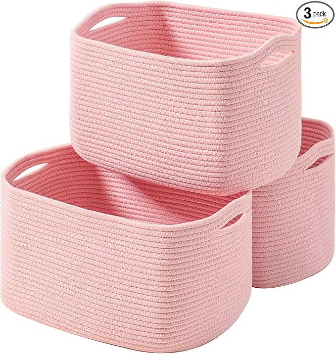 Storage Baskets for Organizing Shelves, Pink Basket for Nursery, Woven Cotton Rope Baskets for Storage, Towel Basket for Bathroom, 15"x11"x9.5", 3 Packs, Light Pink-Ruum Studio Home