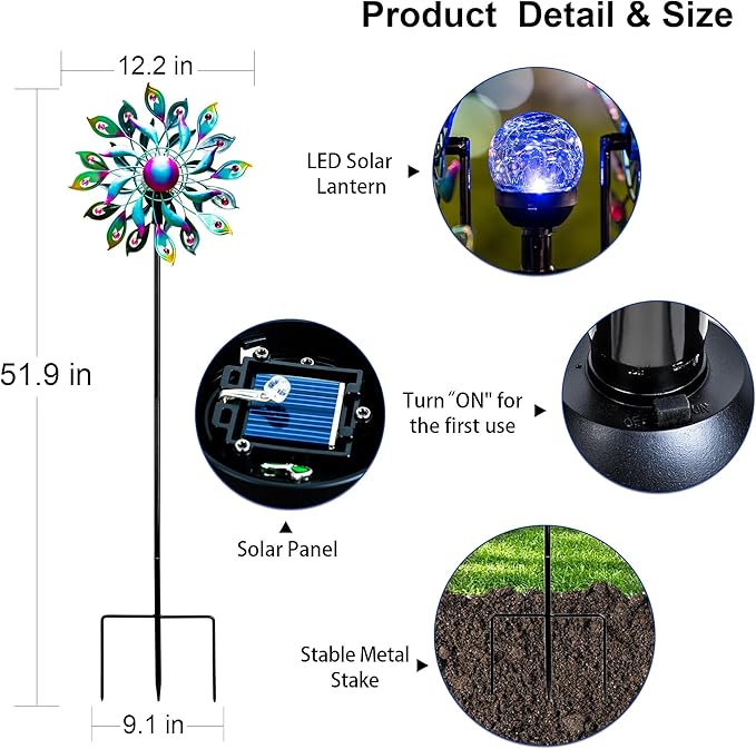 51.9" Peacock Solar Wind Spinner Outdoor Decor – Waterproof LED Lighted Garden Art with Adjustable Metal Pole, IP65 Weather Resistant for Yard, Patio-Ruum Studio Home