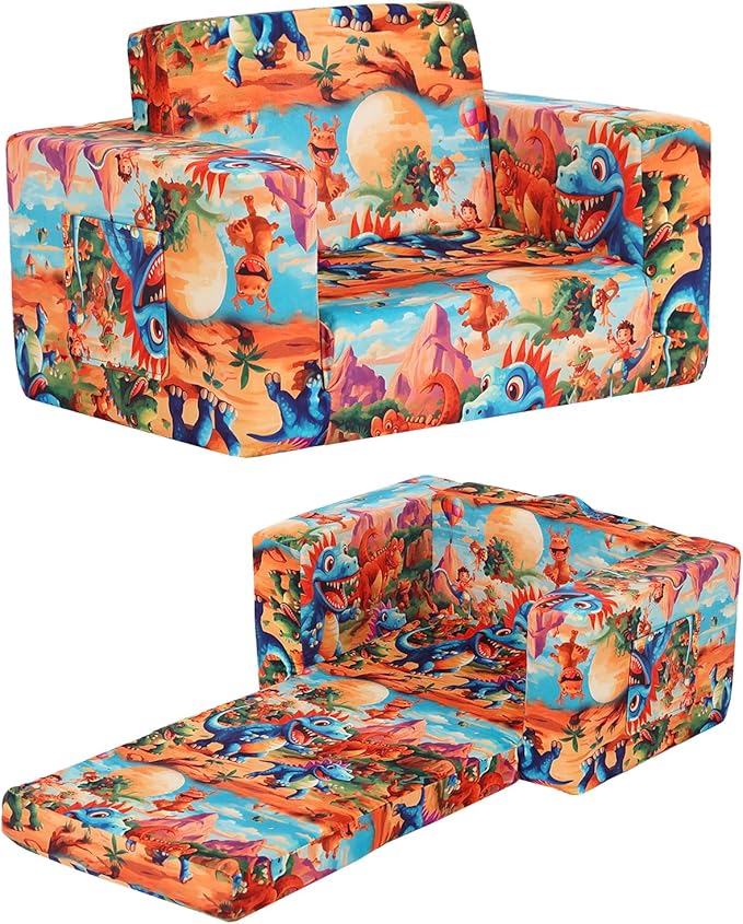 Toddler Chair Kids Couch, 2-in-1 Toddler Soft Sherpa Couch Fold Out Armchair with Removable Cover, Convertible Reading Chair Toddler Sofa for Kids, Orange Dinosaur-Ruum Studio Home