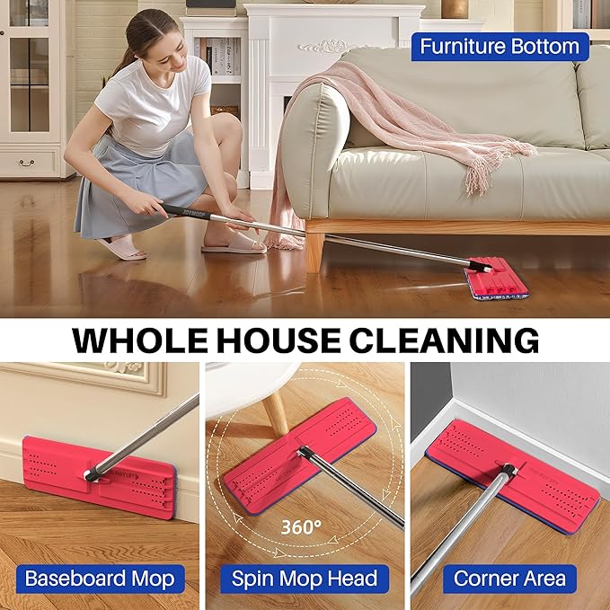 JOYMOOP Mop and Bucket with Wringer Set, Hands Free Flat Floor Mop and Bucket, with 6 Washable Microfiber Pads, Wet and Dry Use, Floor Cleaning System - Black+Red+Slate Blue-Ruum Studio Home