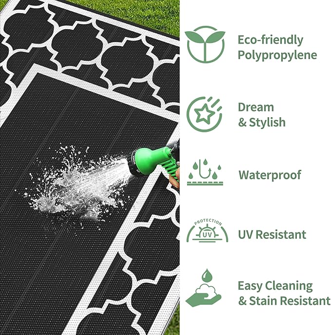 GENIMO 6' x 9' Outdoor Rug Waterproof for Patio Decor, Foldable Reversible Plastic Straw Area Rugs Mat for Camper, Morden Carpet for Outside, Rv, Deck, Porch, Picnic, Beach, Balcony, Black & White-Ruum Studio Home