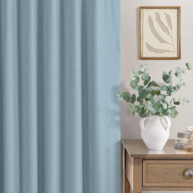 Total Blackout Linen Curtains 96 Inches Long for Bedroom 8 Foot Tall Heavy Thermal Rustic Country Light Blue Black Out Curtains for Living Room Window Drapes Stone Blue Gray Greyish Back Tab 2 Panels-Ruum Studio Home