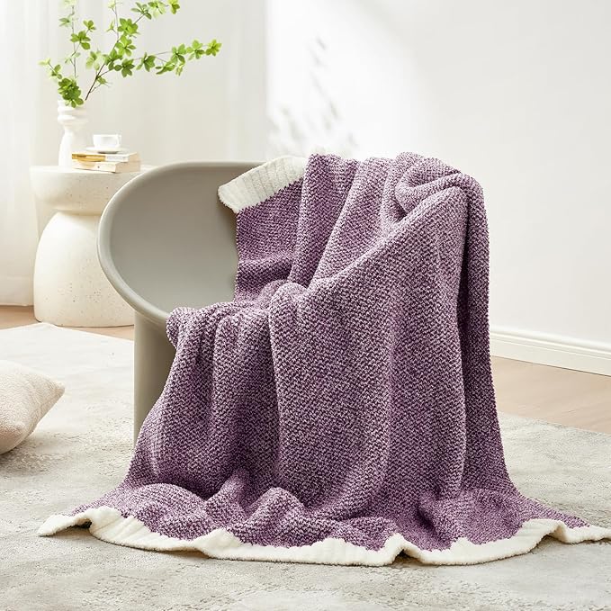 Snuggle Sac Buttery Purple Throw Blanket for Couch, Reversible Super Soft Knitted Blankets, Warm Cozy Knit Fuzzy Plush Lightweight Throws Dupes for Sofa, Bed, Picnic, Purple, 50 x 70 inches-Ruum Studio Home