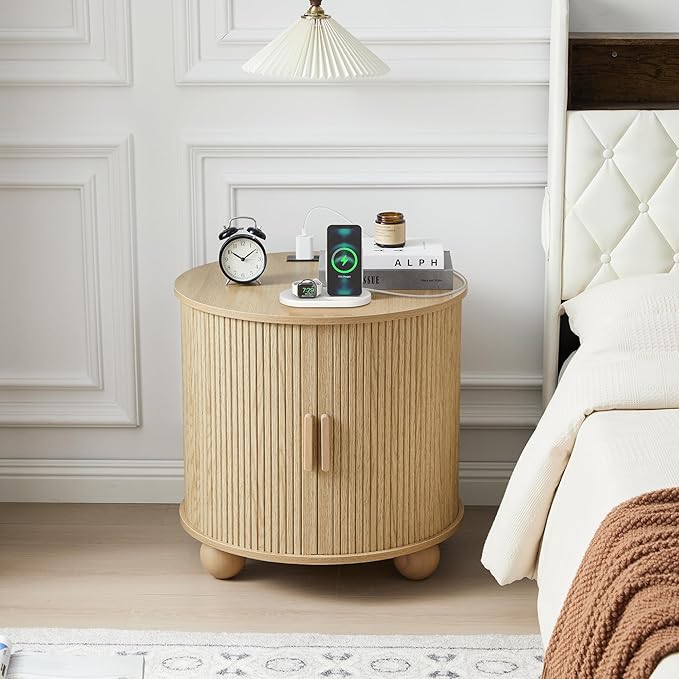 Farmhouse Round End Table with Charging Station, 24" Large Fluted Sofa Side Table with Sliding Tambour Door & Storage, Mid-Century Wood Nightstand for Living Room, Bedroom (Natural)-Ruum Studio Home