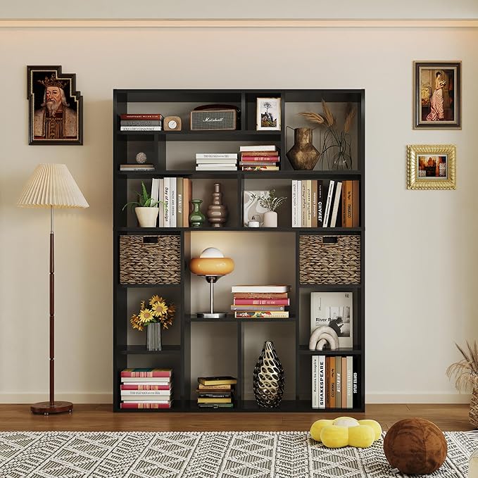 71” Tall Open Black Bookcase with Baskets, Free-Standing 6-Tier Wooden Display Storage Bookshelves with 16 Irregular Cubes for Living Room, Home Decor-Ruum Studio Home
