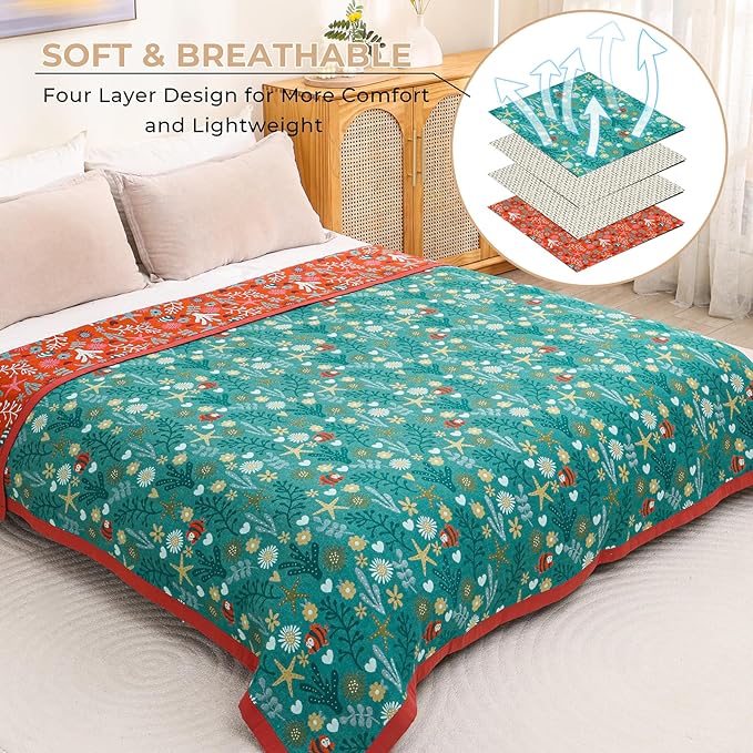 Boho Throw Blanket, 100% Organic Cotton Skin-Friendly Breathable Ultra Soft Bed Quilt Throw - All Season Blue & Red FishFarmhouse Decor Blanket for Sofa Couch Chair and Gift. 60" x 80"-Ruum Studio Home
