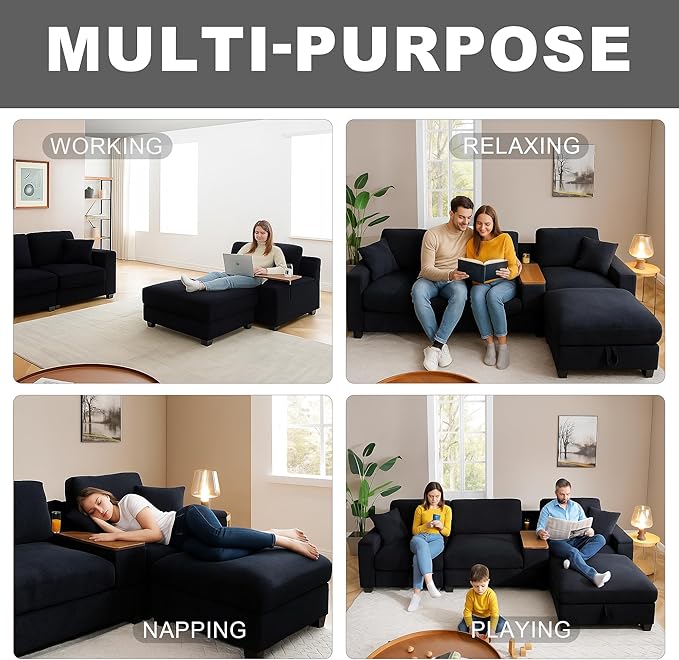 120.3" Modern L-Shaped Sectional Sofa with 360°Swivel Drop-Down Table, Storage Armrest, USB Ports & Movable Storage Ottoman – Plush Linen Cloud Couch for Lounge (Black)-Ruum Studio Home