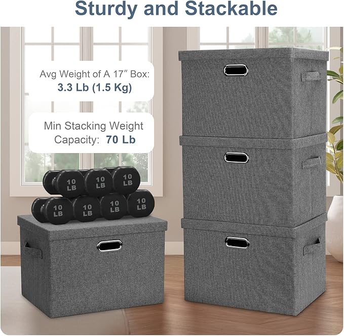 Large 17" 36 Quart Collapsible Stackable Storage Bins with Lids, 5 Packs Gray Foldable Fabric Closet Storage Boxes with Lids, Heavy-duty Linen Cube Baskets(17 x 12 x 11)-Ruum Studio Home