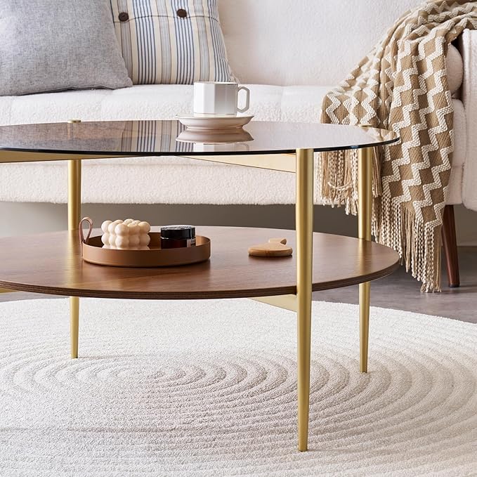 Round Coffee Table, Mid-Century Modern Design, D30 x H17, for Living Room, 2-Tier Structure, Amber Glass Top and Walnut MDF Shelf, Sleek Conical Metal Legs with Gold Finish-Ruum Studio Home