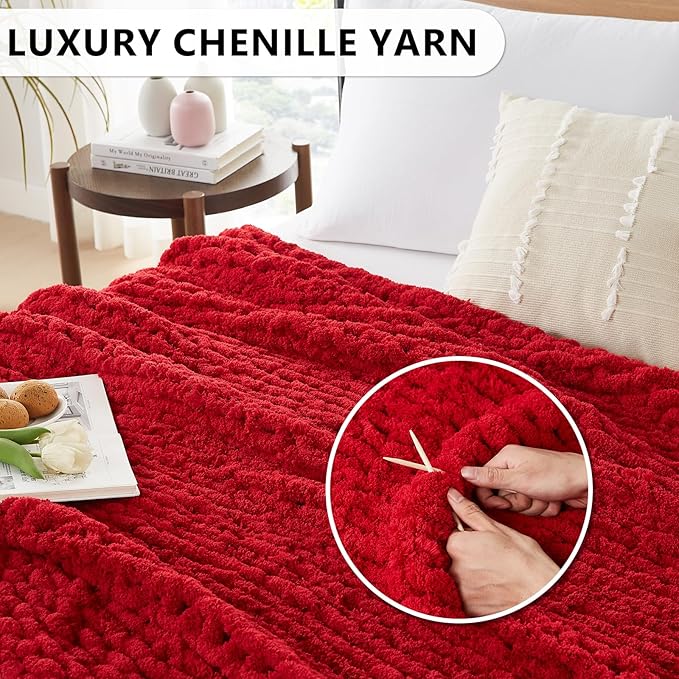 L'AGRATY Chunky Knit Blanket Throw: 80''x90'' Chenille Chunky Knitted Throw Blanket for Bed Couch - Handmade Thick Big Cable Knit Blanket - Large Chunky Crochet Rope Blanket for Home Decor(Red)-Ruum Studio Home