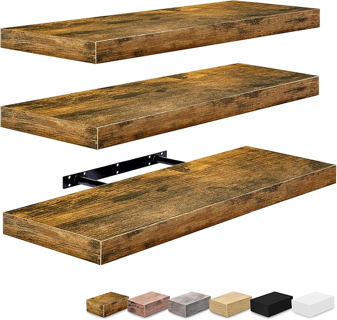 Sorbus Floating Shelves for Wall - 24" Bathroom Shelves, Wall Decor for Bedroom, Kitchen, Living Room, Home Decor & Book storage - Mounted Floating Shelf with Invisible Brackets (Rustic Brown, 3 Pack)-Ruum Studio Home
