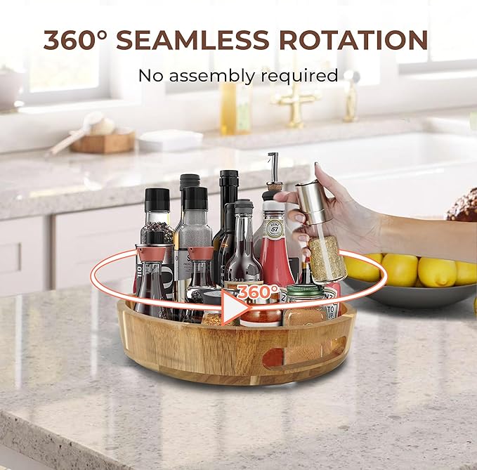 Lazy Susan for Table top 12 inch Wooden Large Lazy Susan Turntable Tray Organizer for Cabinet, Dining Table Centerpiece, Pantry, Kitchen Spice Cabinet Countertop Organizer, 100% Acacia Wood-Ruum Studio Home