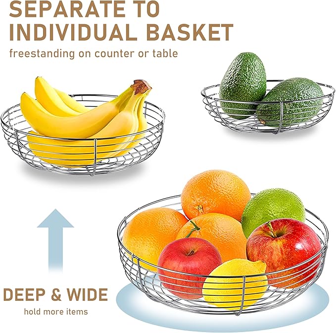 CAXXA 3-Tier Hanging Basket Fruit Organizer Kitchen Heavy Duty Wire Organizer with 2 Free Bonus Metal Ceiling Hooks, Chrome-Ruum Studio Home