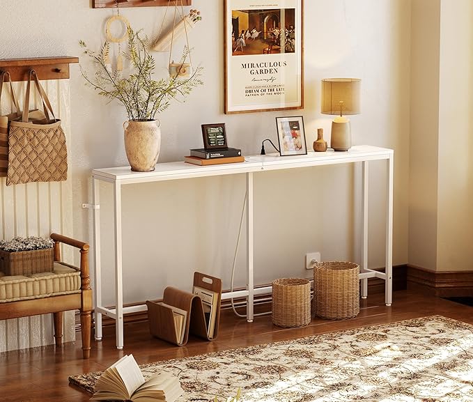 SUPERJARE 70 Inch Console Table with Outlet, Sofa Table with Charging Station, Narrow Entryway Table, Skinny Hallway Table, Behind Couch Table, for Living Room, White-Ruum Studio Home