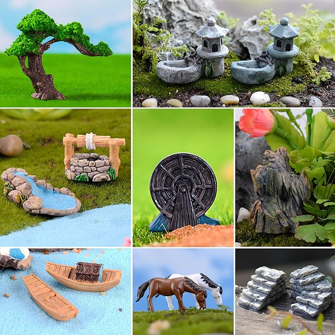 37PCS Fairy Garden Accessories, Miniature Nature Village Theme Fairy Garden Supplies for Outdoor, Mini Resin Animals House Bridge Pool Figurines Micro Landscape Succulent Plant Pots Terrarium Decor-Ruum Studio Home