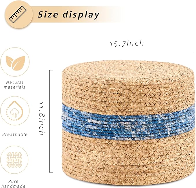 Handwoven Water Hyacinth Ottoman Pouf, Round Outdoor Footstool with Sturdy Frame, No Assembly Needed, Boho Accent Stool for Indoor & Outdoor Use – Patio, Balcony, Living Room (Blue)-Ruum Studio Home