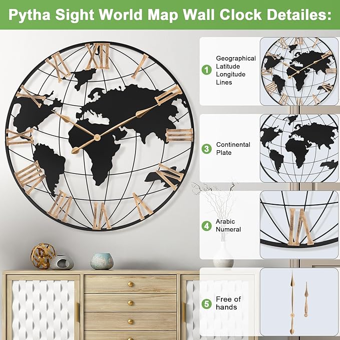 36 Inch Extra Giant Oversized Black Metal Wall Clock,Large Modern Decorative Silent World Map Wall Clock with Vintage Gold Roman Numeral for Living Room,Entrance Fireplace,Dining Room Decor-Ruum Studio Home