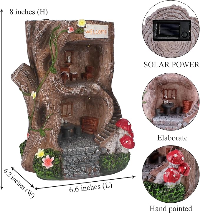 Solar Light Gnome Fairy Garden House for Outside, Big Size Fairy Miniature Buildings Accessories House Sculptures for Outdoor Garden Patio Lawn Path Decorations, 8" Tall-Ruum Studio Home