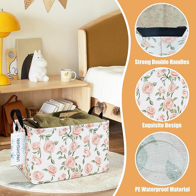 LANGYASHAN Rectangular Storage Bin Collapse Canvas Fabric Cartoon Storage Basket with Handles for Organizing Home Kitchen Boys and Girls Toys Office Closet Shelf Baskets (Rec Champagne Rose)-Ruum Studio Home
