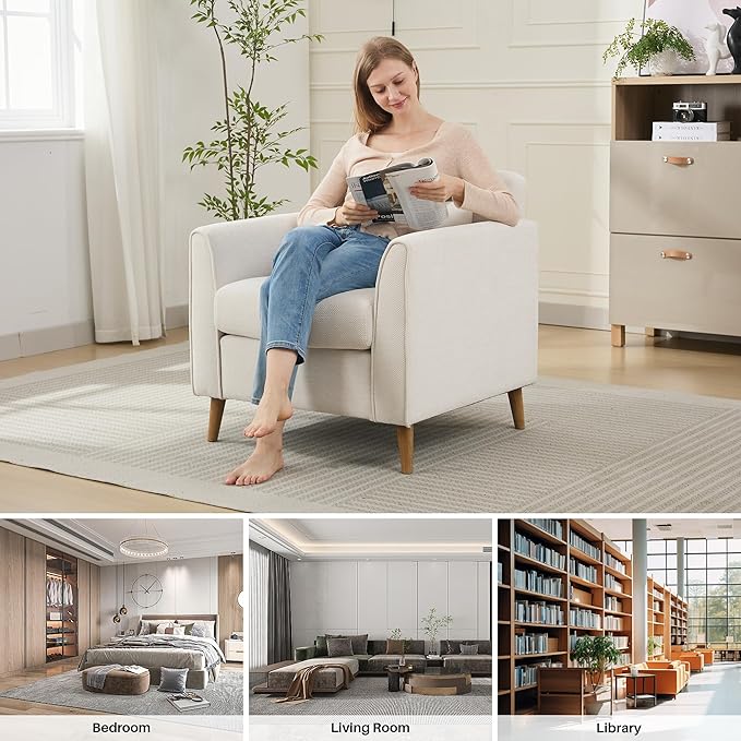 Modern Accent Chair with Wooden Legs Plush Fabric Armchair Chenille Side Single Sofa Chair for Bedroom, Office Cafe Waiting Room Apartment (Beige Armchair)-Ruum Studio Home