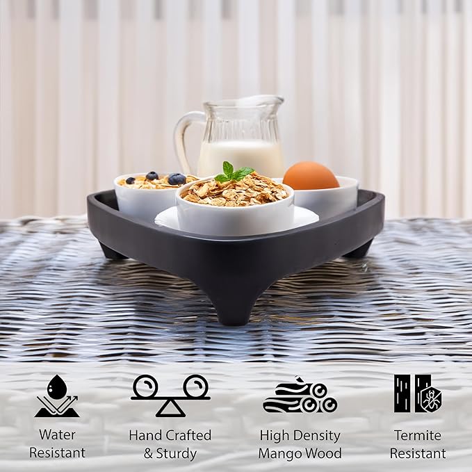 Mango Wood Serving Triangular Tray – 12x11.5x3.25 Inch Decorative Tray for Serving in Bed, Appetizers, Table, BBQ, Patio, Party – Perfect for Lap and Couch Use, Matt Finish, Black-Ruum Studio Home