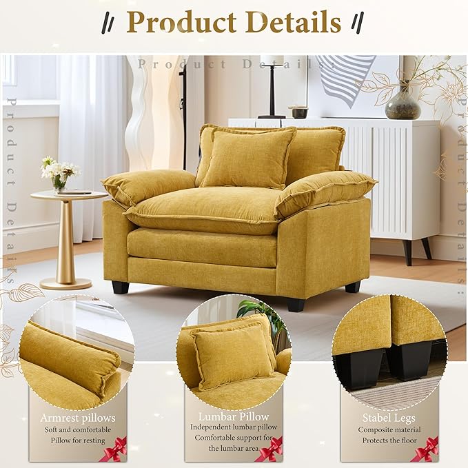 URRED Modular Sectional Sofa Comfy Cloud Couch, Modern Chenille Sofa Sleeper Deep Seat Couches with Ottoman/Pillows for Living Room (Yellow, 53'')-Ruum Studio Home