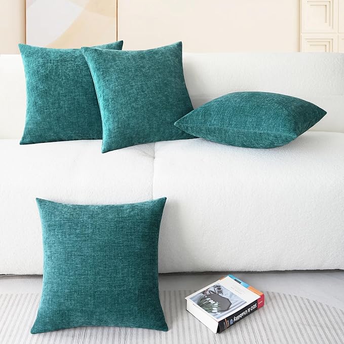 CaliTime Throw Pillow Covers Decorative 18 X 18 Inches Pack of 4 Cozy Chenille Cushion Cases for Couch Sofa Bed Living Room Home Teal-Ruum Studio Home