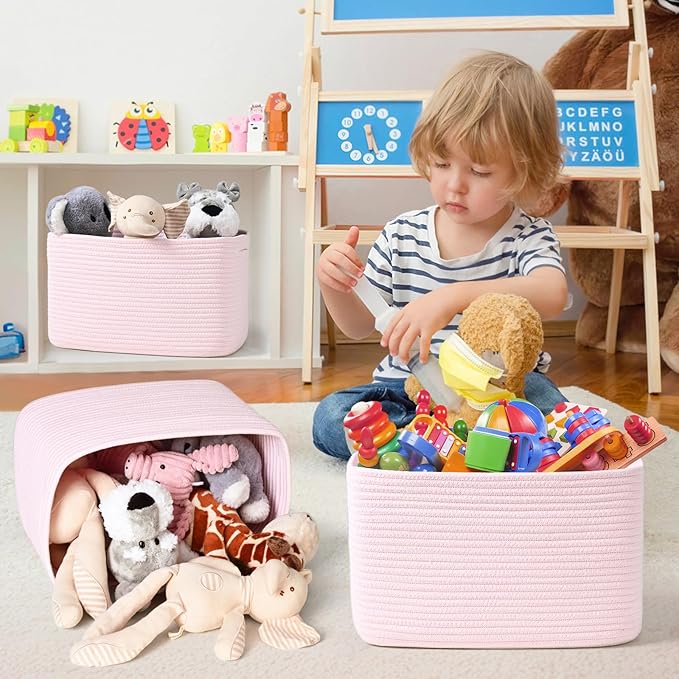 3-Pack Shelf Baskets for Organizing, Woven Storage Basket for Shelves, Cotton Rope Storage Bins for Toys Books, Nursery Towel Baskets for Classroom, 14.96"X9.8"X8.85", Pink-Ruum Studio Home