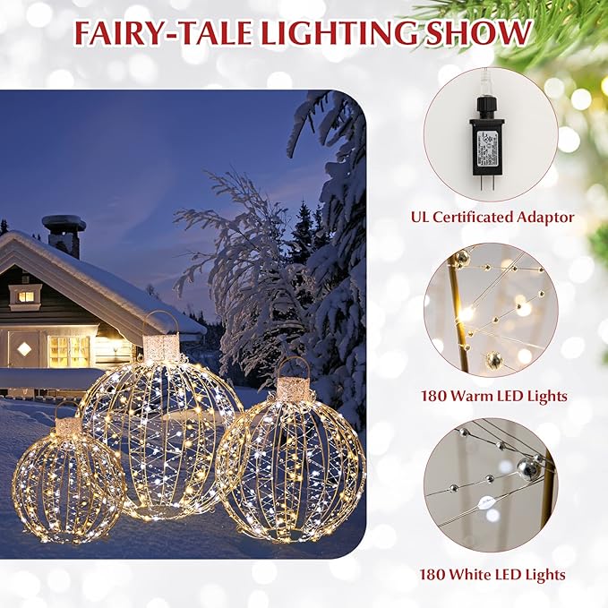 Tangkula Christmas LED Light Balls for Tree (3 Pack), Outside Lighted Sphere with 180 Warm White & 180 Cold White Lights, Holiday Lighted Decorations, Christmas Sphere Balls for Indoor Outdoor Decor-Ruum Studio Home