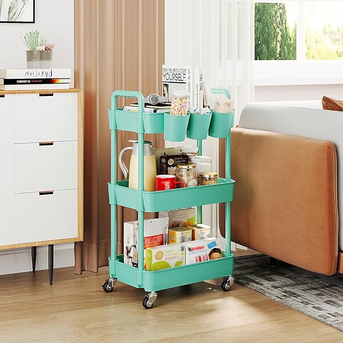 UDEAR 3-Tier Rolling Utility Cart,Multifunctional Storage Shelves with Handle and Lockable Wheels for Room,Office,Kitchen,Bathroom,with 3 Hanging Cups,Green-Ruum Studio Home